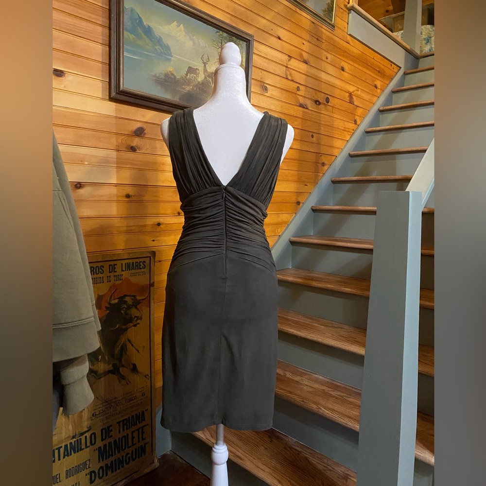 Vintage Bebe suede look and feel body con, ruched, plunge, soft bombshell dress - Picture 7 of 7